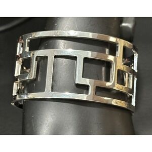 Silver Tone Geometric Openwork Clamper Bracelet  Modern Architectural Statement